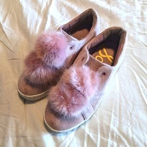 Sam Edelman Leya Flatform Sneakers Size 9 Pom Poms Slip On Pink Suede